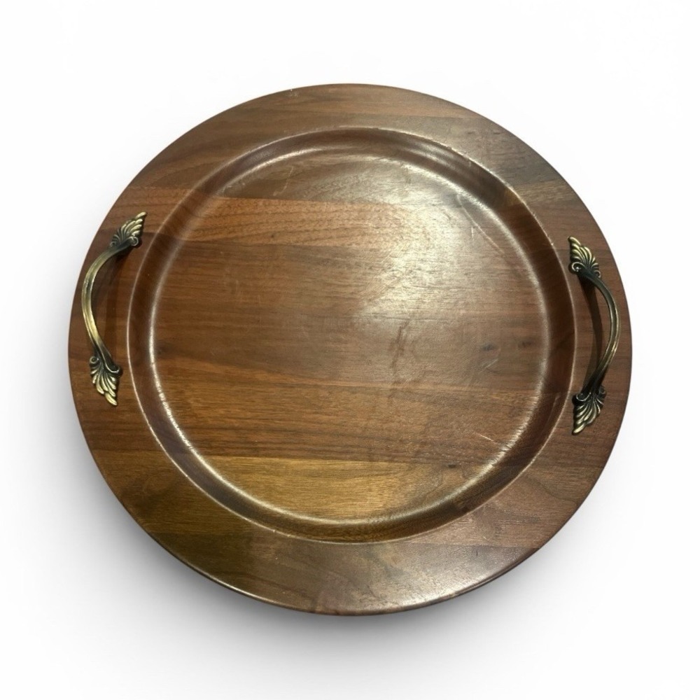 Vintage Solid Walnut Serving Tray w/ Gold Metal Handles, Brown Glossy, 15 in